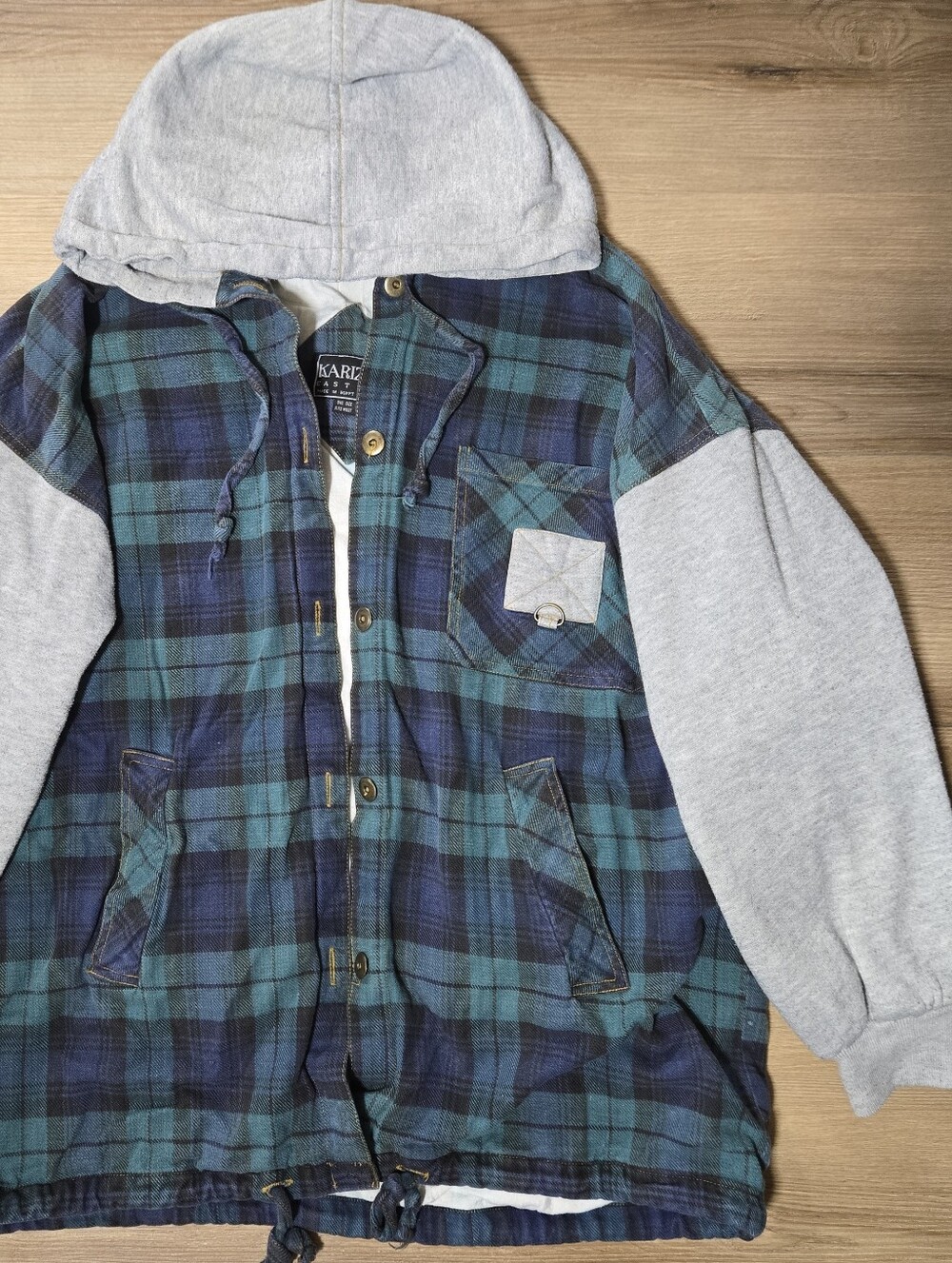 Vintage Blue-Green Plaid Hooded Insulated Jacket with Gray Sleeves